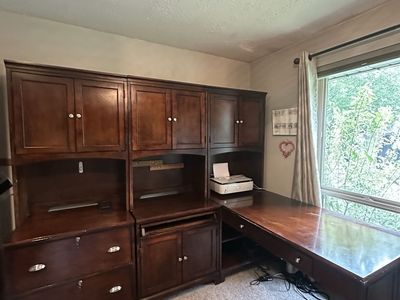 Large Wooden Office Desk and Hutch Set - L-Shaped or you can rearrange to have the desk part in the middle.