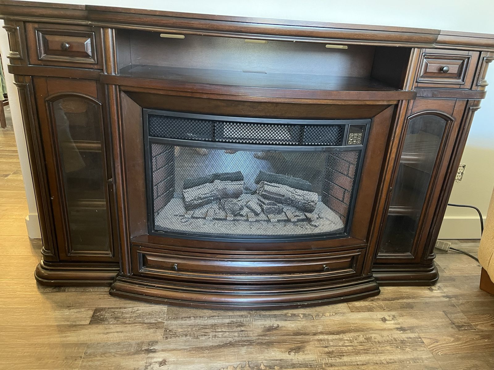 Dark Wood Electric Fireplace Entertainment Center Media Console TV Stand