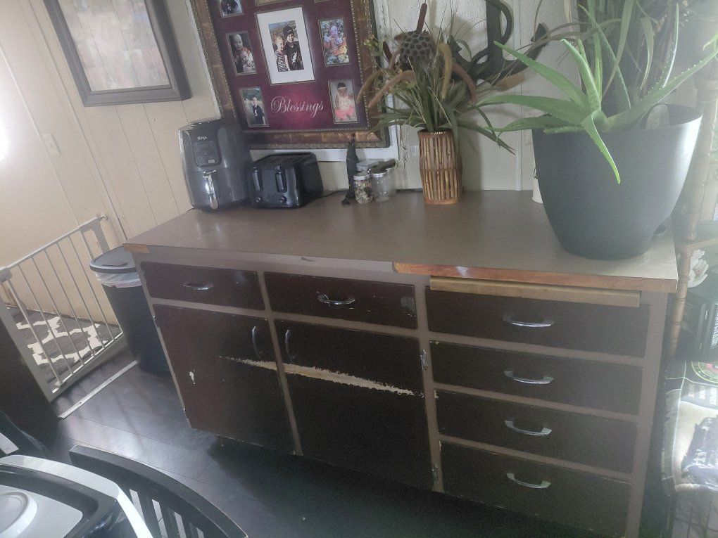 Used Dark Brown Cabinet with Drawers and Countertop