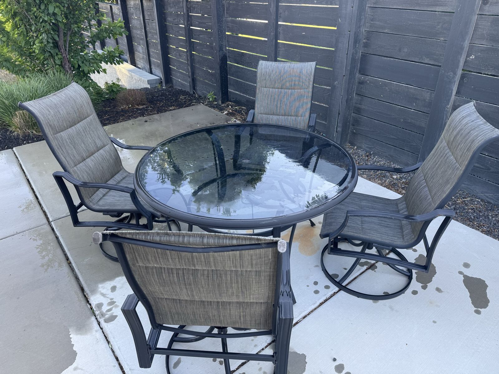 Patio Dining Set - Round Glass Table & 4 Swivel Chairs, Outdoor Furniture, Weather-Resistant