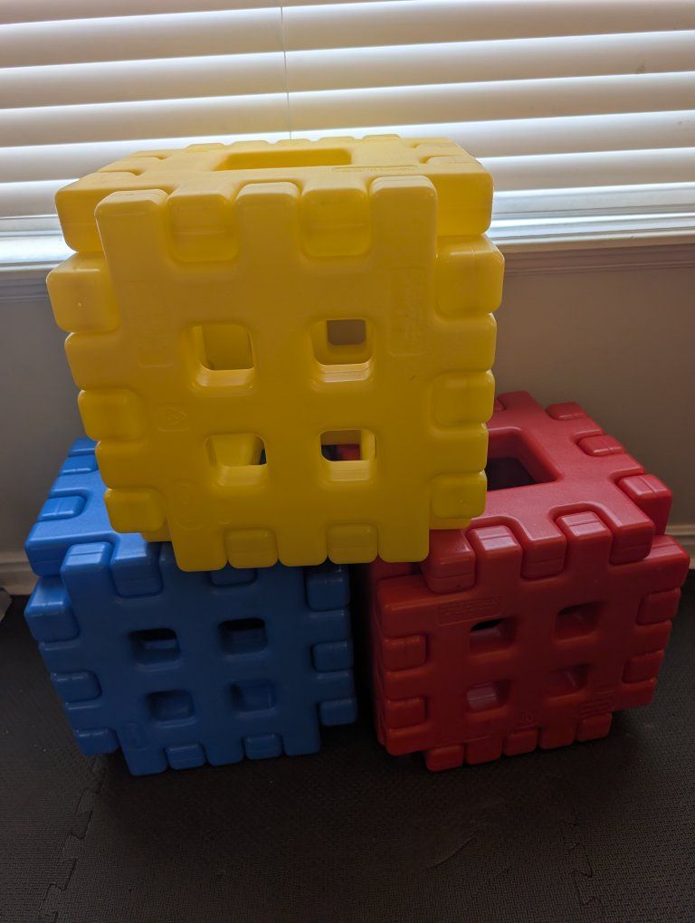 Large Interlocking Building Blocks (3) - Red, Blue, Yellow - Durable Plastic Construction Toy