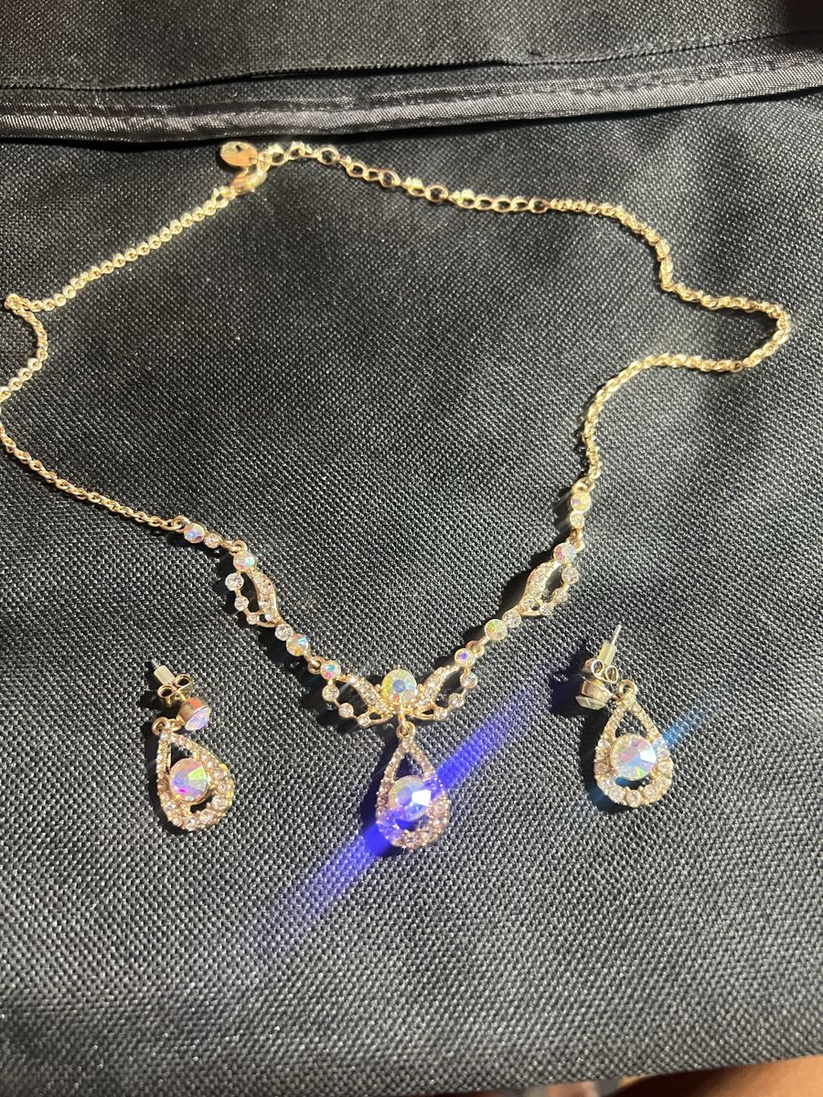Claire's Gold Tone Iridescent Gem Teardrop Necklace & Dangle Earrings Set