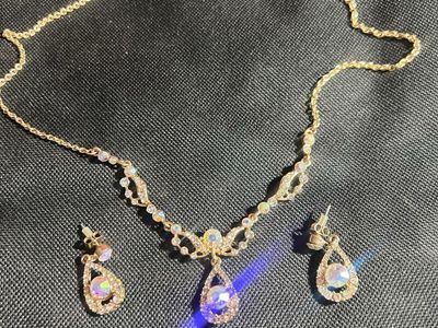 Claire's Gold Tone Iridescent Gem Teardrop Necklace & Dangle Earrings Set