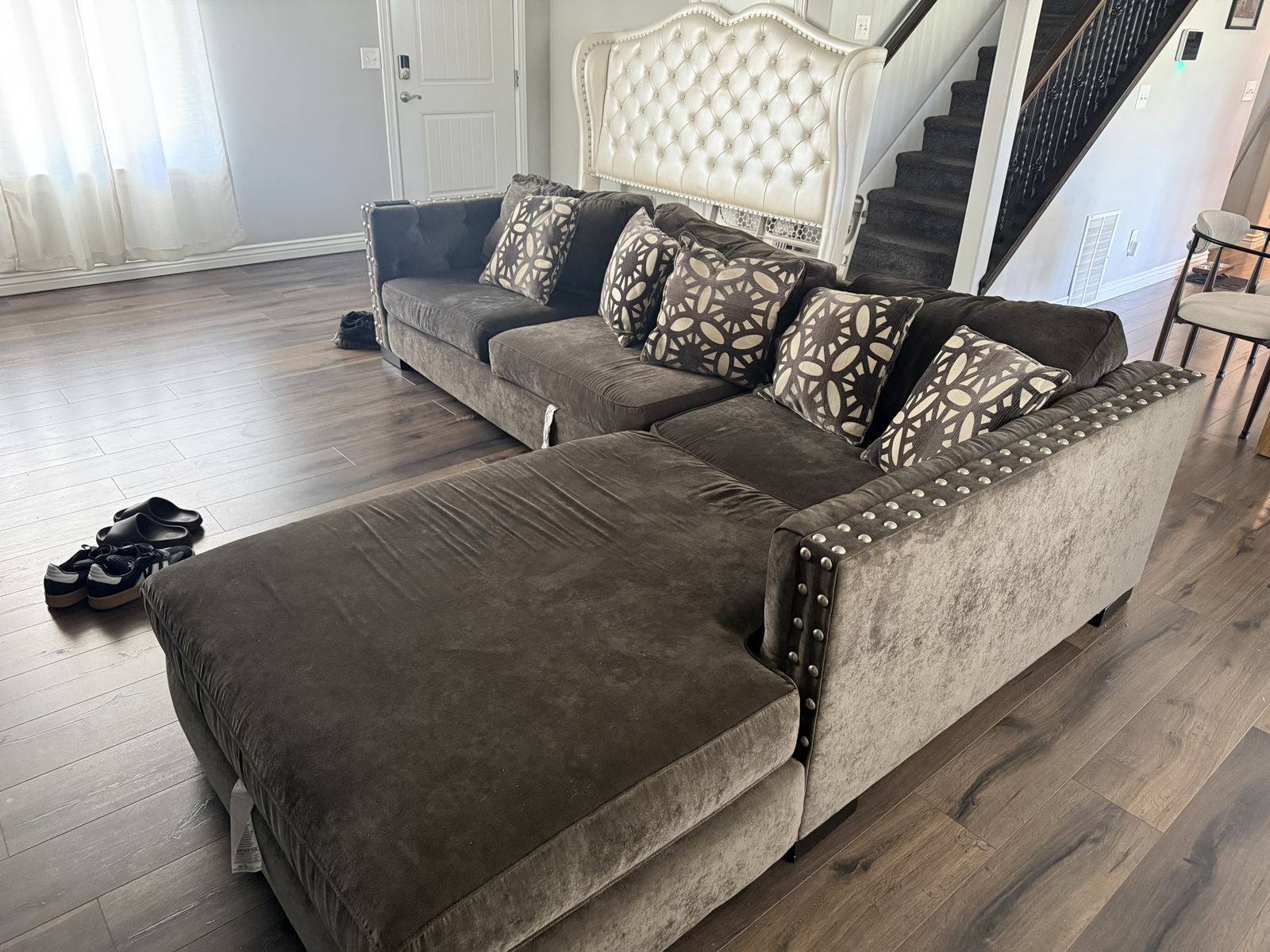 RC Willey tufted Charcoal gray sofa and chase