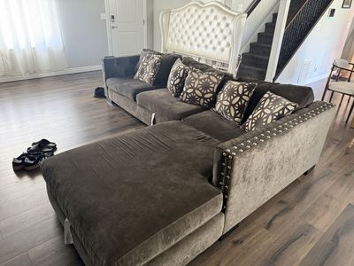 RC Willey tufted Charcoal gray sofa and chase