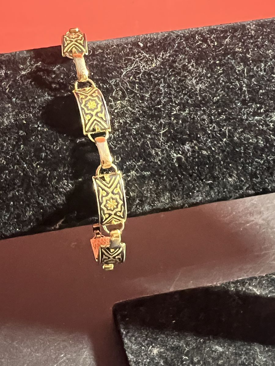 Vintage Damascene Toledo Gold Tone Black Enamel Panel Link Bracelet