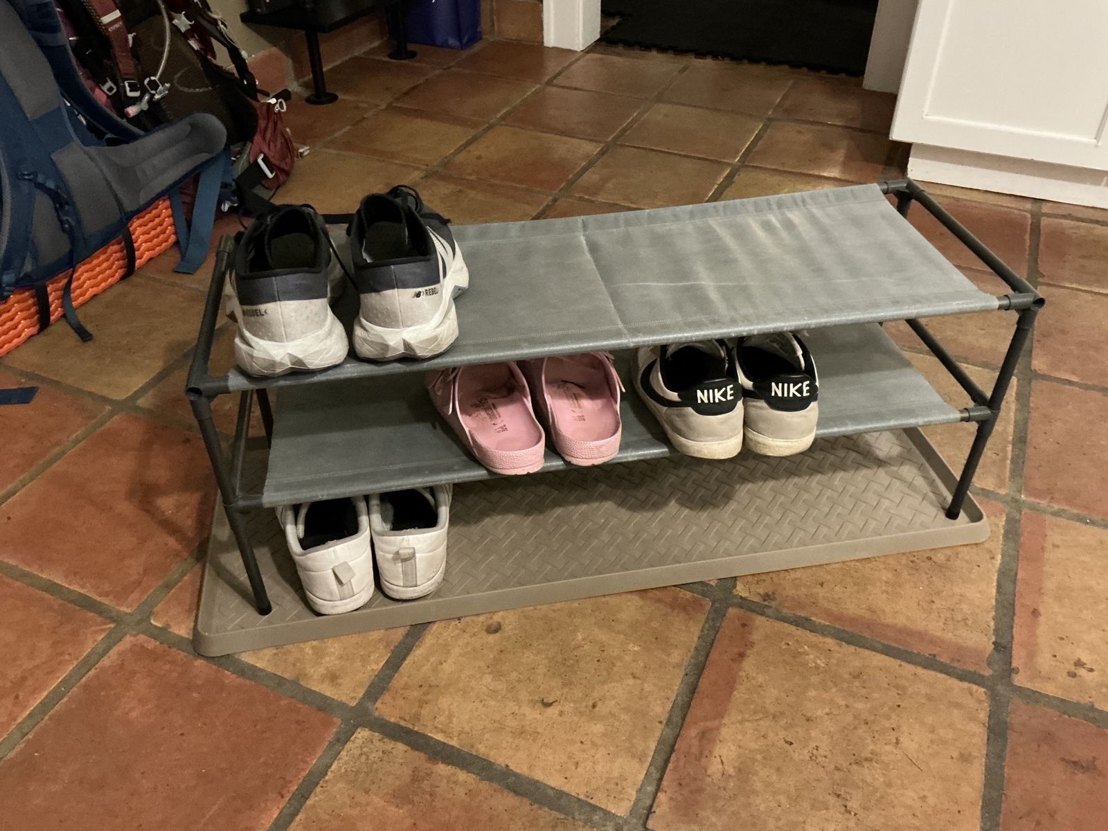 Compact 3-Tier Shoe Rack with Bottom Tray - Grey Fabric Shelves, Metal Frame