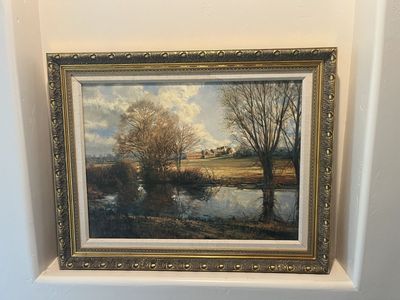 Beautiful scenic country, river painting in a beautiful bronze/gold frame 31" x 25". The painting is 26" x 19"