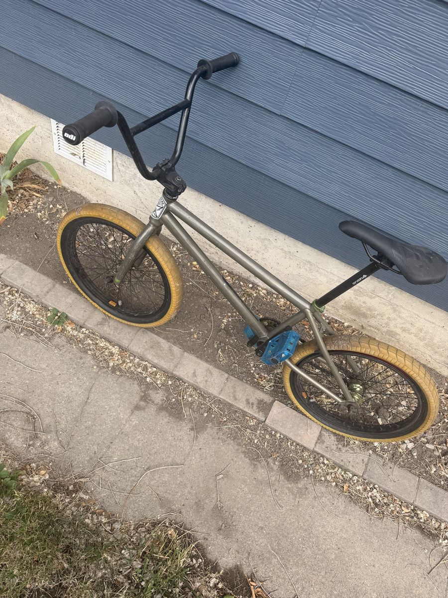 Custom Built We The People BMX Bike - Gray Frame, Black Bars, Tan Tires, Blue Pedals