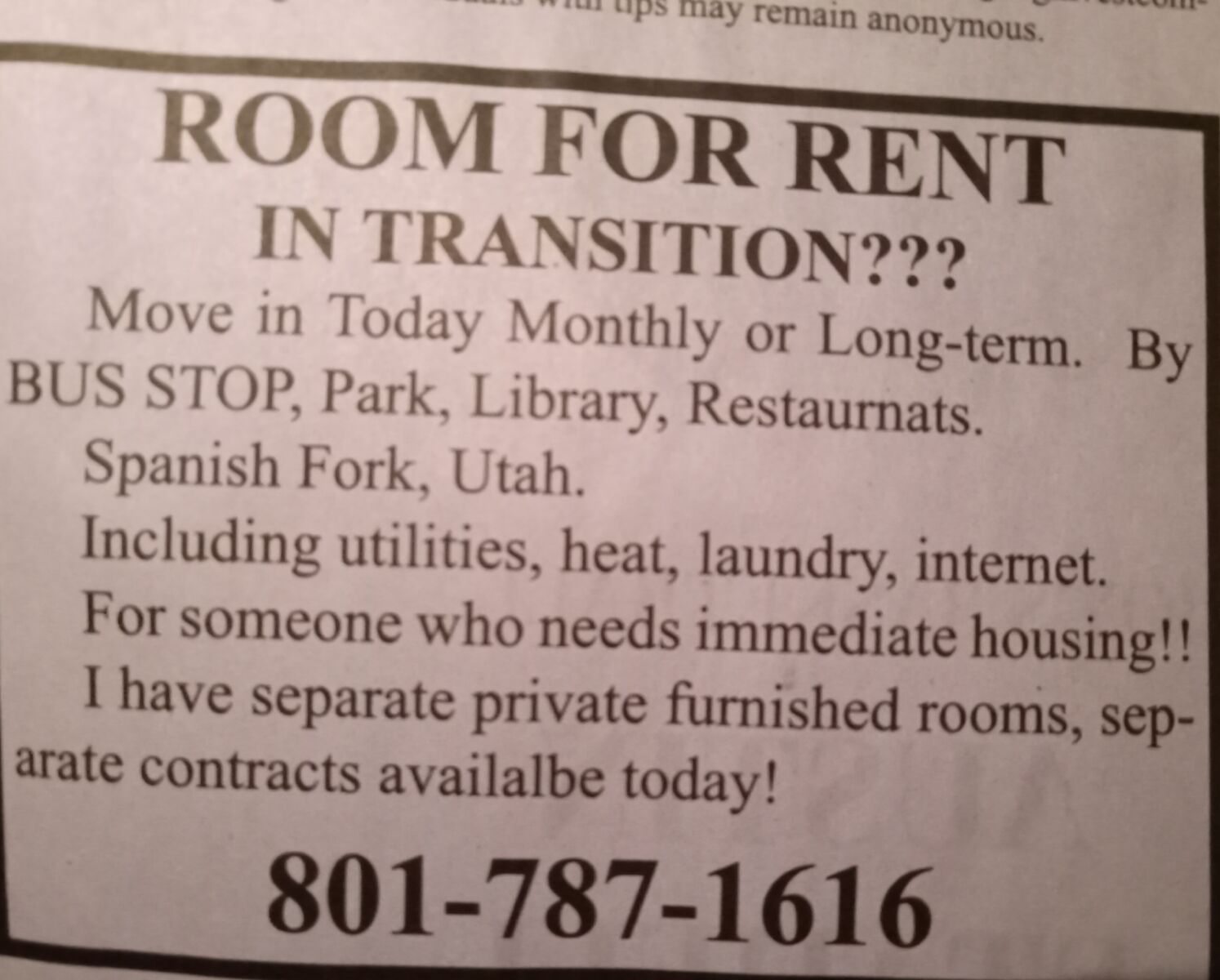 Move in today! No Application or deposit! Monthly or Longer By Bus stop. Includes utilities laundry internet heat