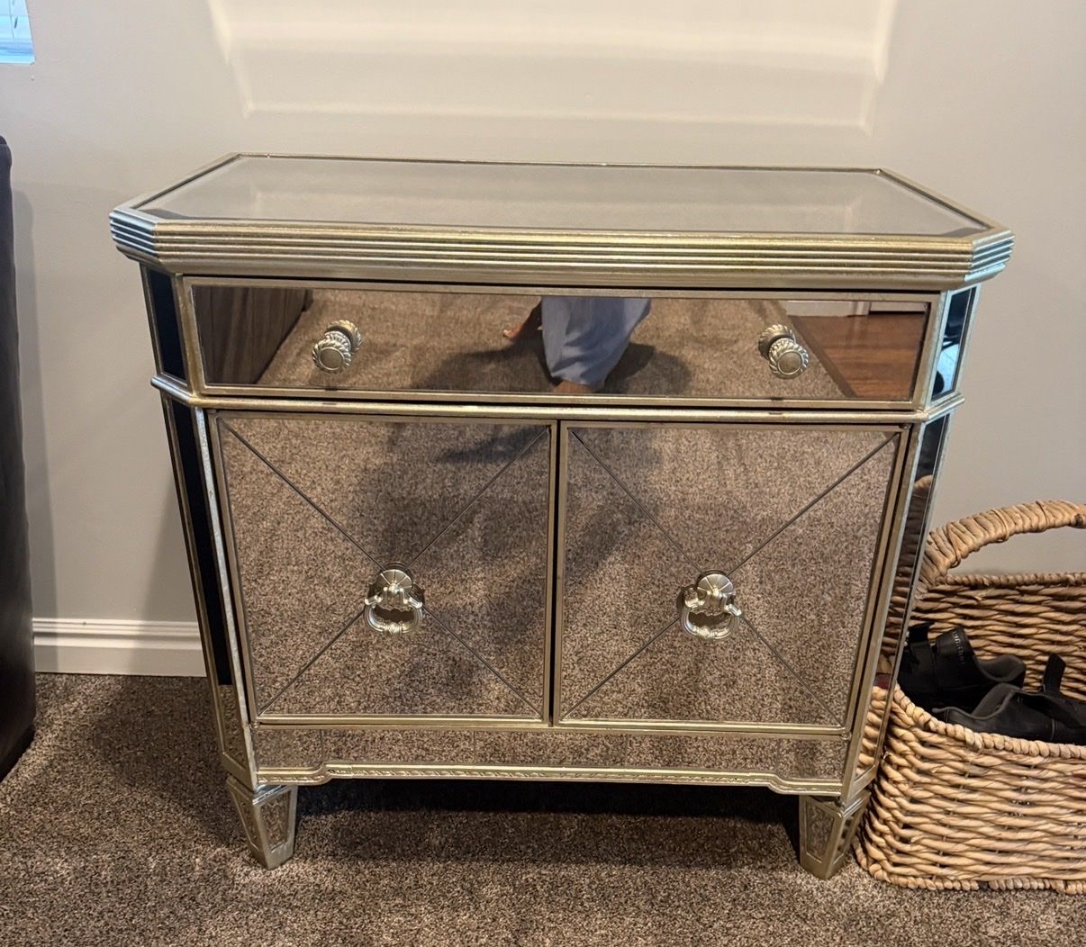 Mirrored 1-Drawer 2-Door Accent Cabinet with Faux Crystal Knobs & Ring Pulls