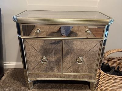 Mirrored 1-Drawer 2-Door Accent Cabinet with Faux Crystal Knobs & Ring Pulls