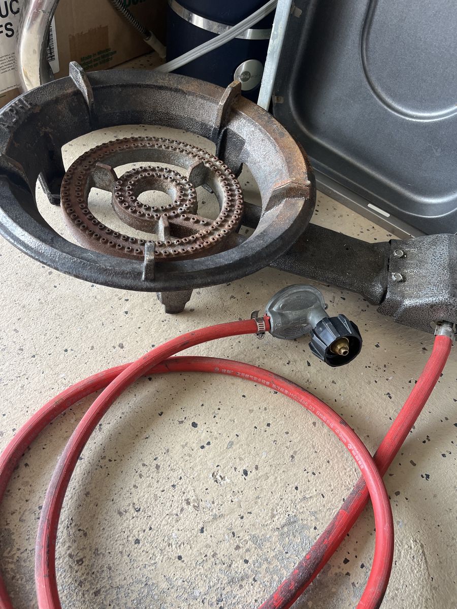 Cast Iron Propane Burner with Red Hose and Regulator - Outdoor Cooking Stove