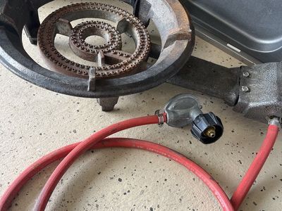 Cast Iron Propane Burner with Red Hose and Regulator - Outdoor Cooking Stove