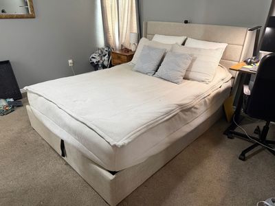 Queen Bed Frame with Storage Underneath. Includes Purple Mattress and Bedding.