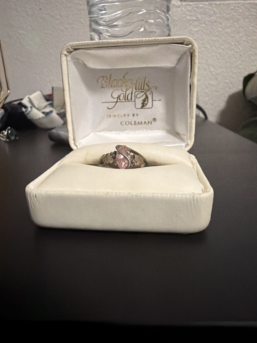 Black Hills Gold by Coleman Pink Stone Ring with Leaf Accents