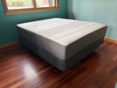 IKEA HAUGSVÄR Queen Mattress with Box Spring and Steel Frame