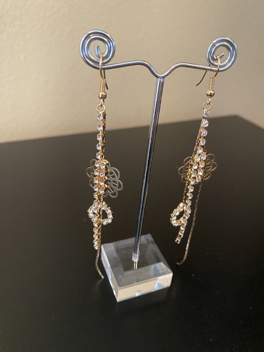 NEW! Gorgeous Gold With Crystal Rhinestone and Delicate Pendant Earrings - Really Catches Light - C PIX
