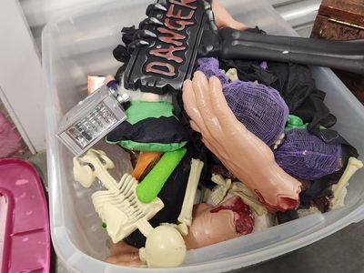 Halloween Decor Lot: Cauldron, Lights, Body Parts, Spooky Props Assortment