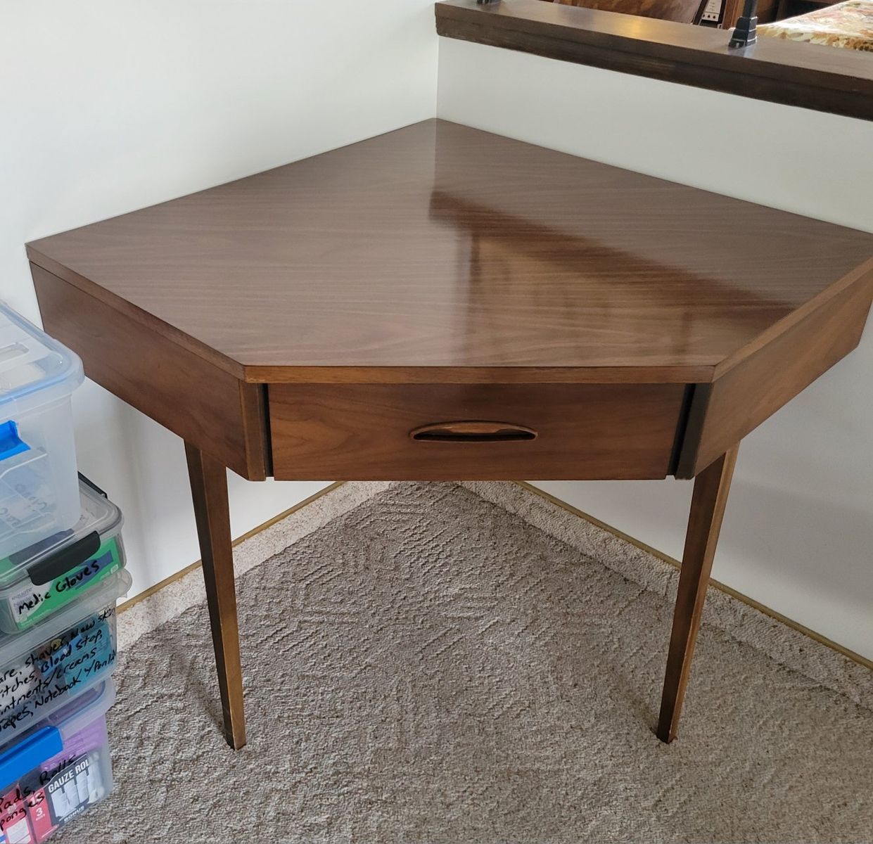 Vintage Mid-Century Modern Walnut Corner Table with Drawer, Hexagonal Side Table