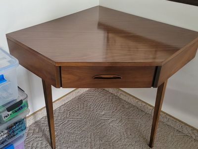 Vintage Mid-Century Modern Walnut Corner Table with Drawer, Hexagonal Side Table