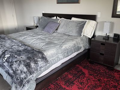 King Bed, Box springs, Side stands and dresser. Almost new memory foam mattress.