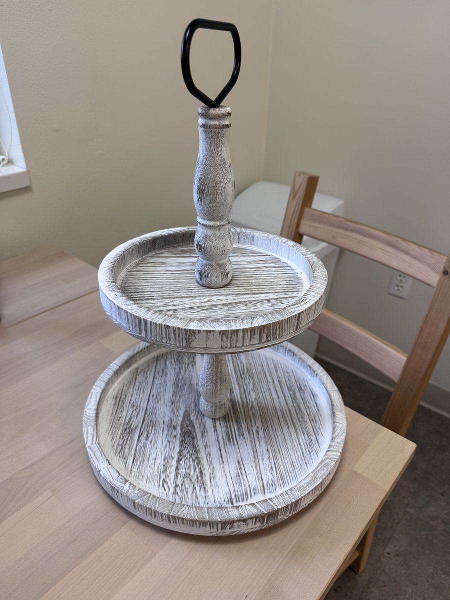 Rustic White Distressed Wooden Two Tier Tray with Metal Handle