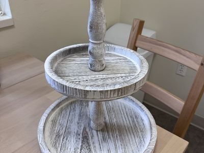 Rustic White Distressed Wooden Two Tier Tray with Metal Handle