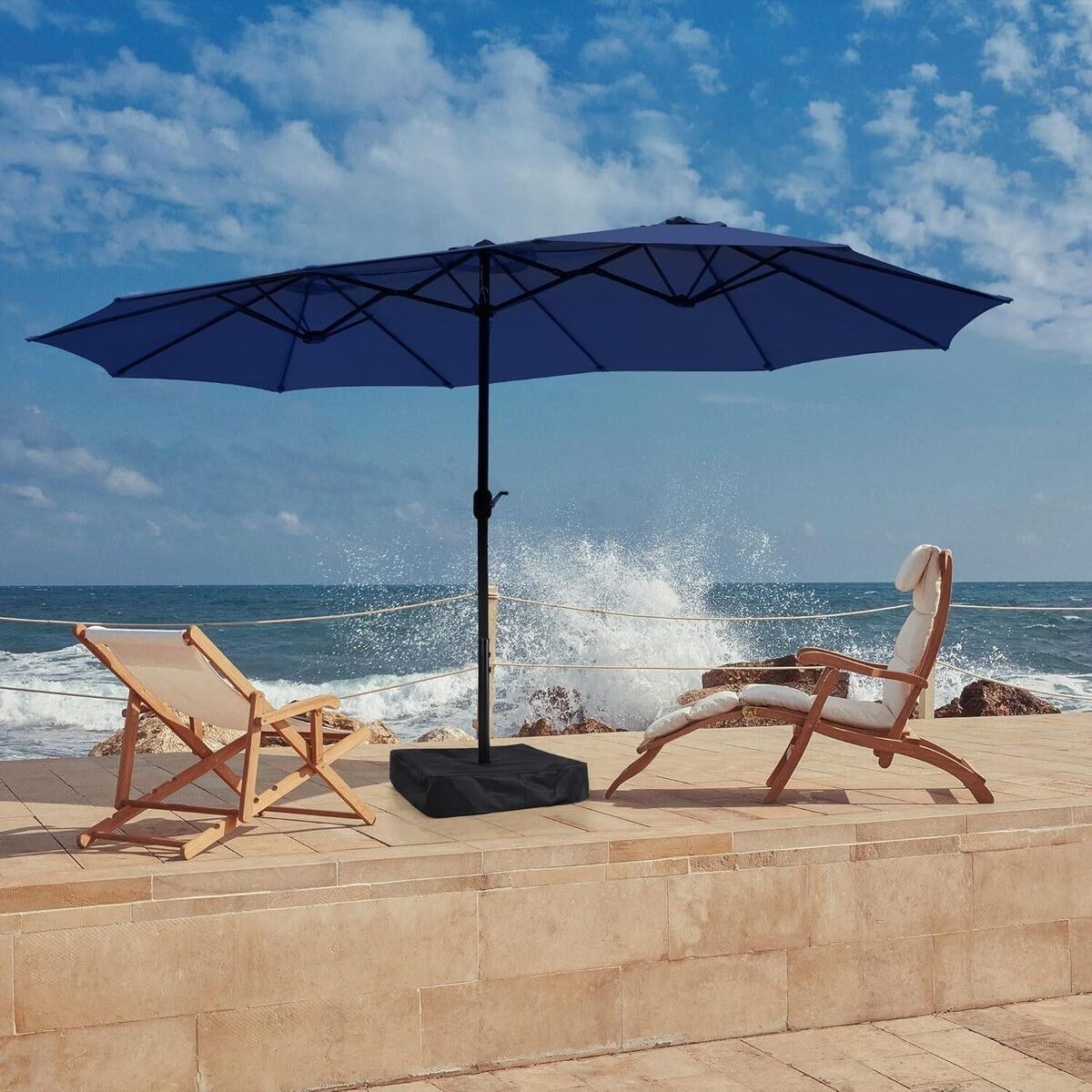 15 ft Double Sided Patio Umbrella w/ Base, Blue