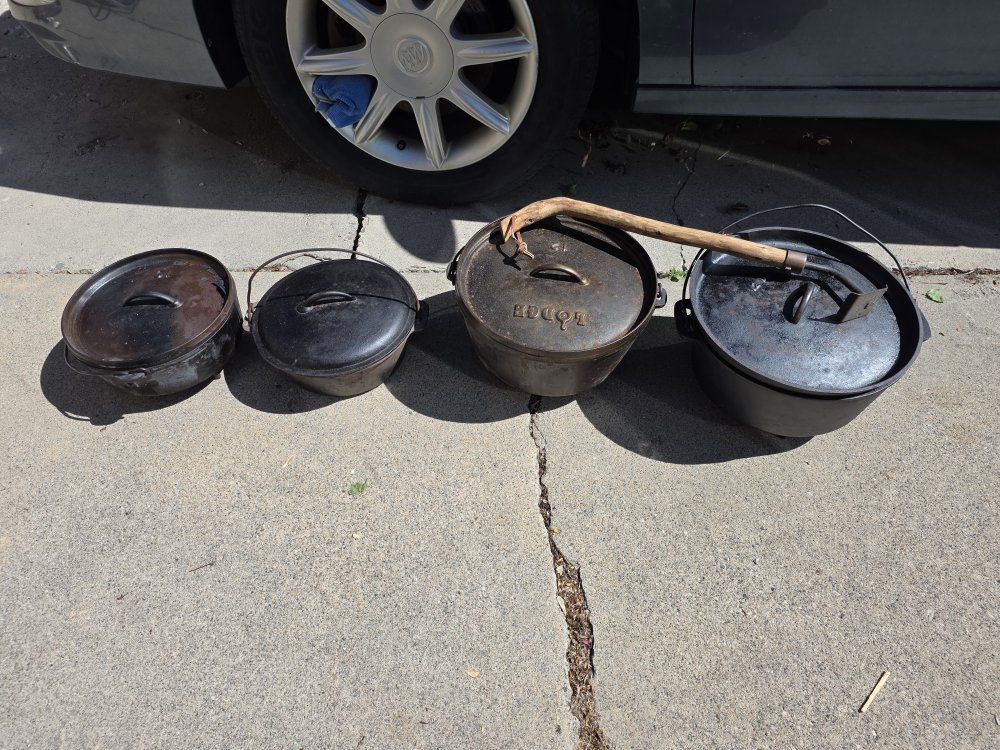Camp Dutch Oven Cast Iron Lot - 4 Pots, Premium Bags & Lid Lifter