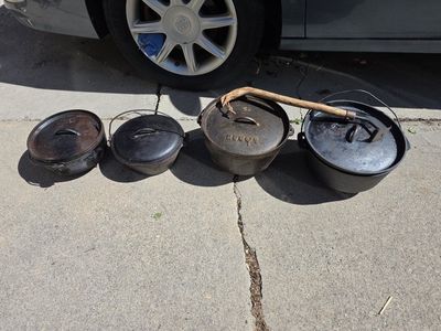 Camp Dutch Oven Cast Iron Lot - 4 Pots, Premium Bags & Lid Lifter