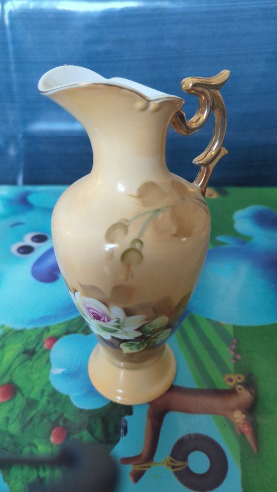 Vintage Hand-Painted Floral Porcelain Pitcher Vase with Gold Trim Accent