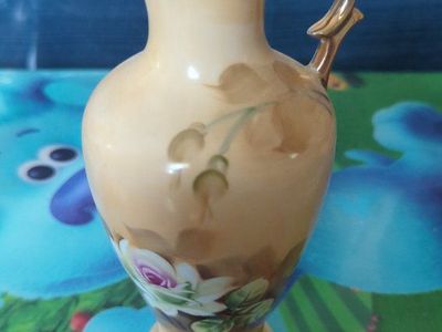 Vintage Hand-Painted Floral Porcelain Pitcher Vase with Gold Trim Accent