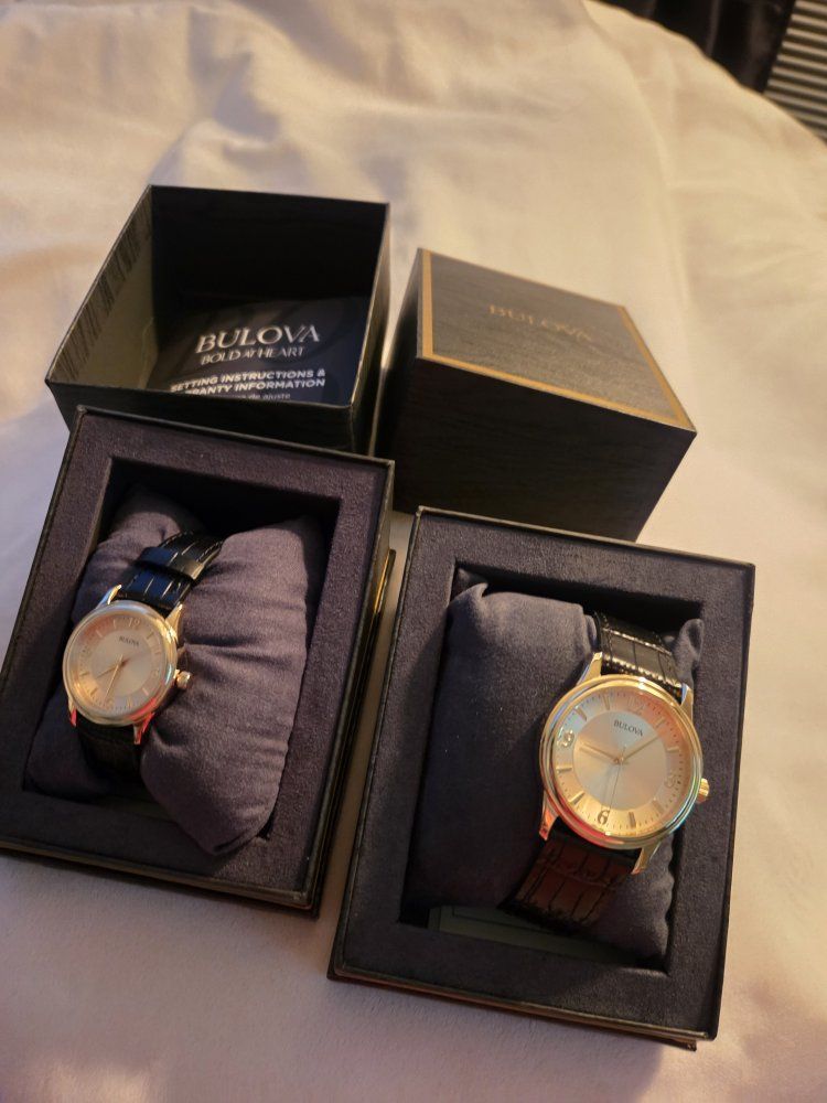 Bulova Gold Tone his and her Watches (Set of 2) with Black Leather Straps, Quartz Movement