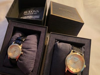 Bulova Gold Tone his and her Watches (Set of 2) with Black Leather Straps, Quartz Movement