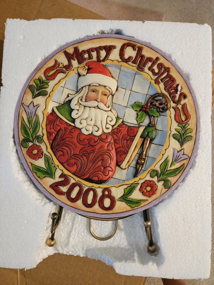 Jim Shore Heartwood Creek Merry Christmas 2008 Santa Wall Decor / Plate w/ Stand, NIB