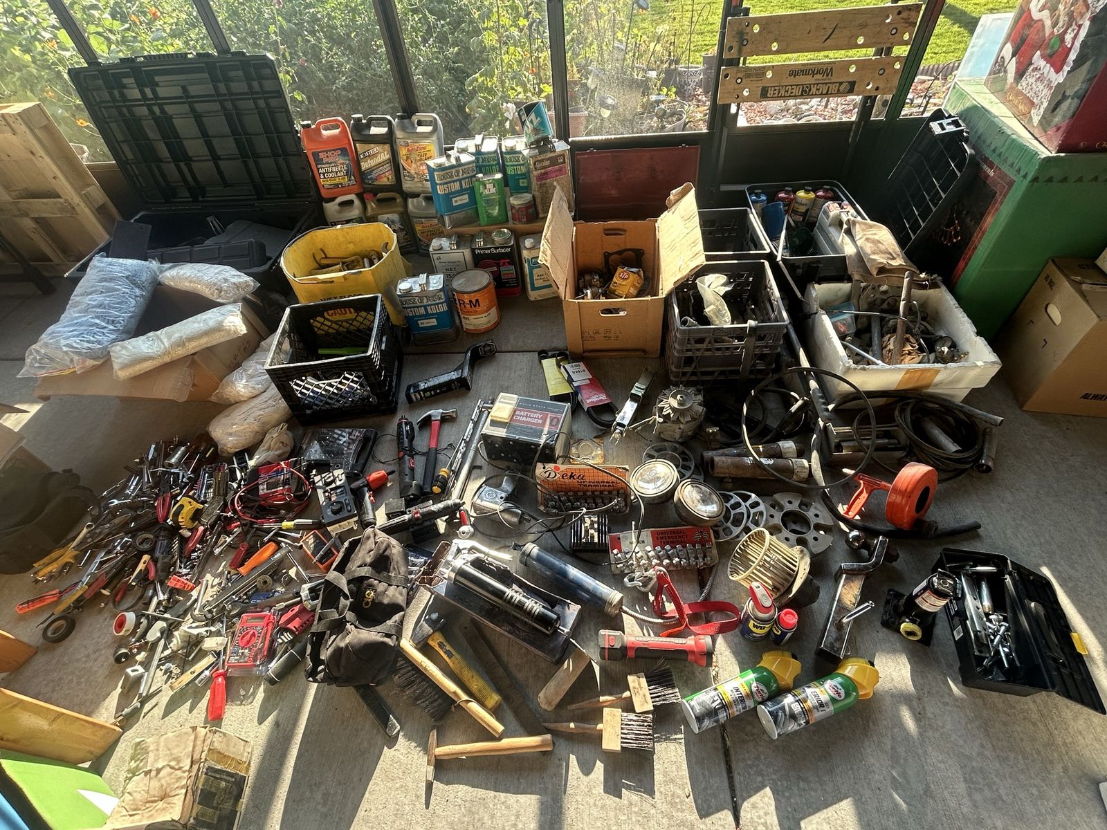 Big Lot of Shop Hand Tools & Wrenches, Car Parts, Various Lift Jacks, Painting Primer, Coolant, Grease Guns and More