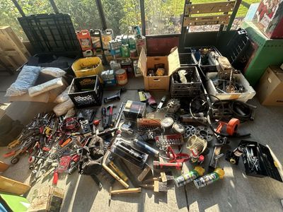 Big Lot of Shop Hand Tools & Wrenches, Car Parts, Various Lift Jacks, Painting Primer, Coolant, Grease Guns and More
