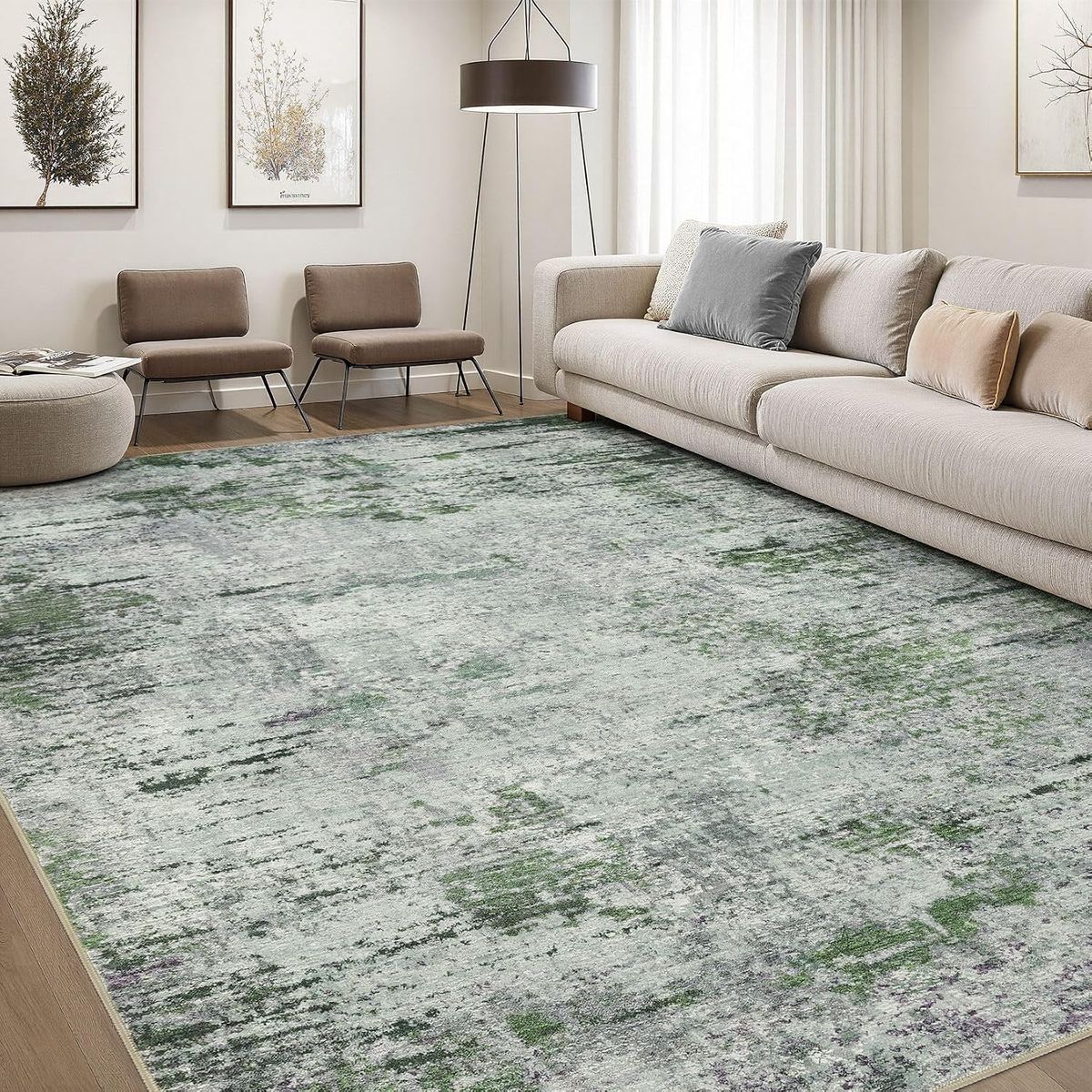 NEW 10x14 Large Soft Indoor Neutral Modern Abstract Low Pile Washable Rug Green Grey Purple