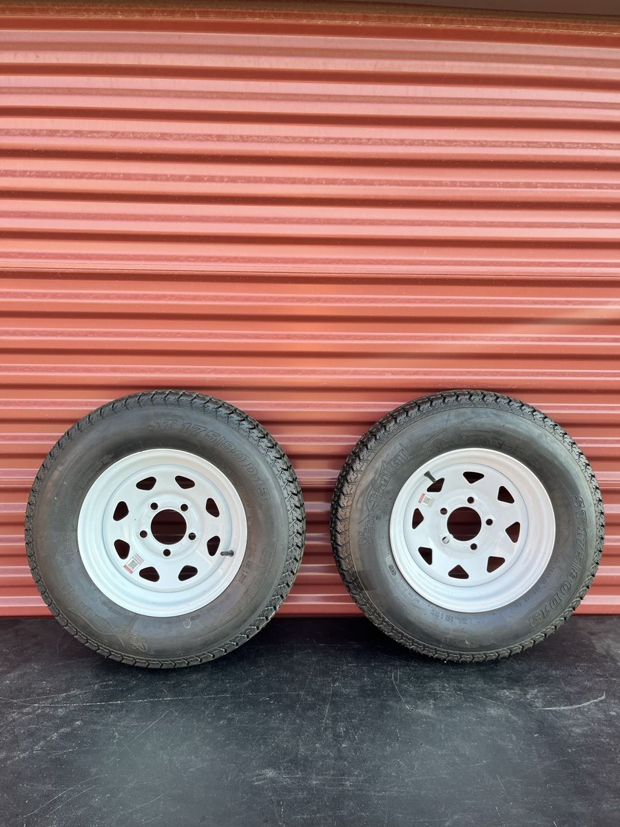 New Set of 2 Eco Trail ST 175/80 D 13 Trailer Tires Mounted on New White Spoke Wheels 5 on 4.5 Pattern