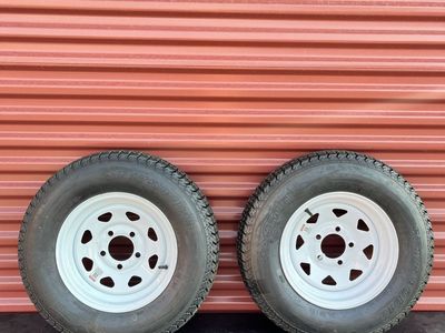 New Set of 2 Eco Trail ST 175/80 D 13 Trailer Tires Mounted on New White Spoke Wheels 5 on 4.5 Pattern