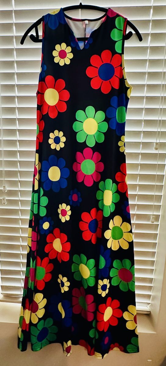 Women’s M Retro 60s 70s Floral Maxi Dress Colorful Daisy Sleeveless Stretch
