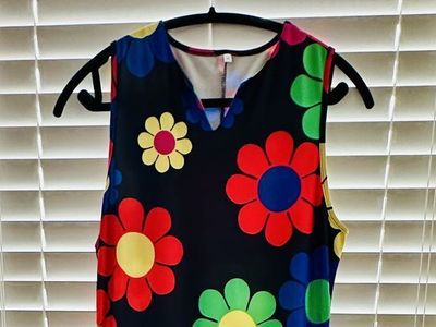 Women’s M Retro 60s 70s Floral Maxi Dress Colorful Daisy Sleeveless Stretch