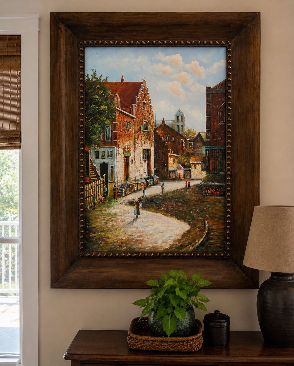 Large Framed European Village Oil Painting