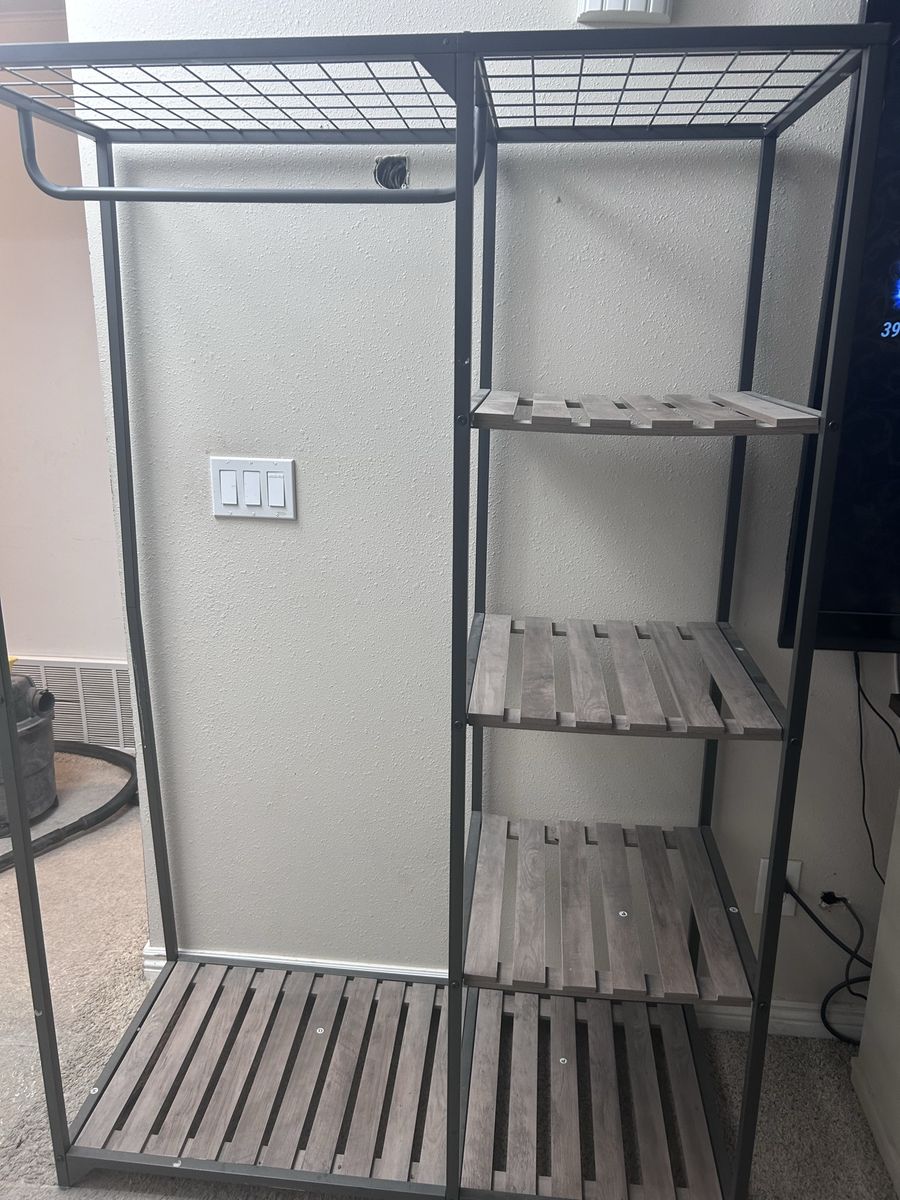 Garment Rack with Wood Slat Shelving and Hanging Bar