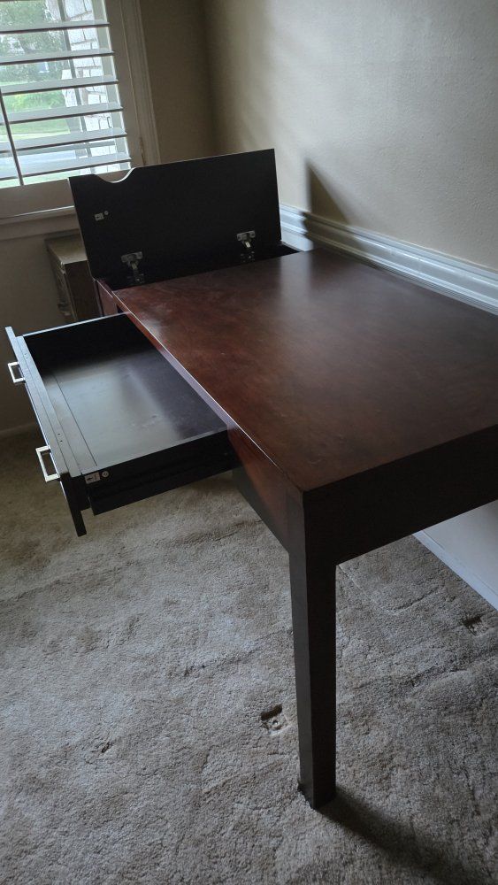 Dark cherryish Wood Writing Desk with Storage and Pull-Out Drawer