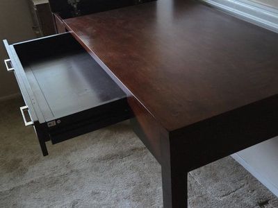 Dark cherryish Wood Writing Desk with Storage and Pull-Out Drawer