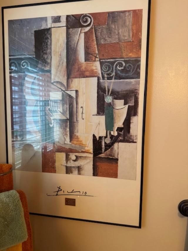 Pablo Picasso reproduction print painting; specifically in the cubist style. Guitar and violin