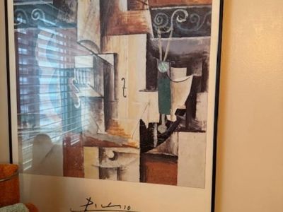 Pablo Picasso reproduction print painting; specifically in the cubist style. Guitar and violin