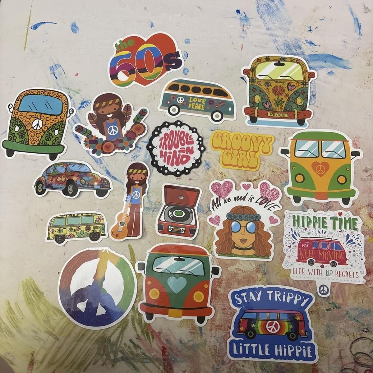 17-Piece Hippie Groovy Van Car Decal Sticker Set - Retro 60s Style
